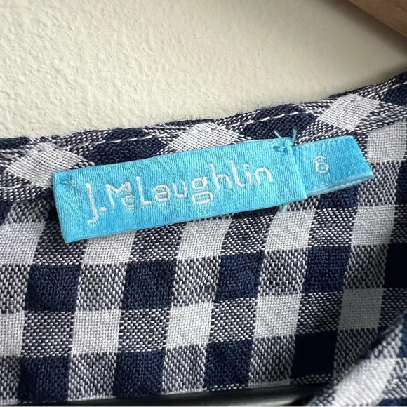 J.MCLAUGHLIN $198 Sadie Gingham Dress Size 6 Navy & White Linen Tie Waist - Picture 7 of 13